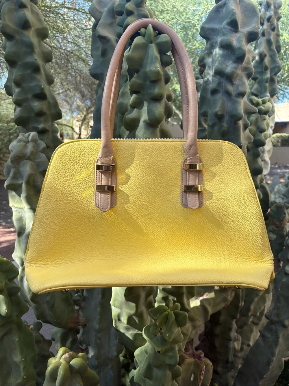 Yellow Tote Handbag with Beige Handles